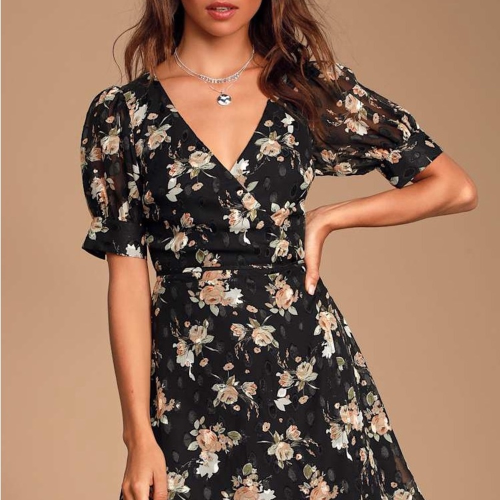 Lulu's Remi Black Floral Print Chiffon Wrap Dress